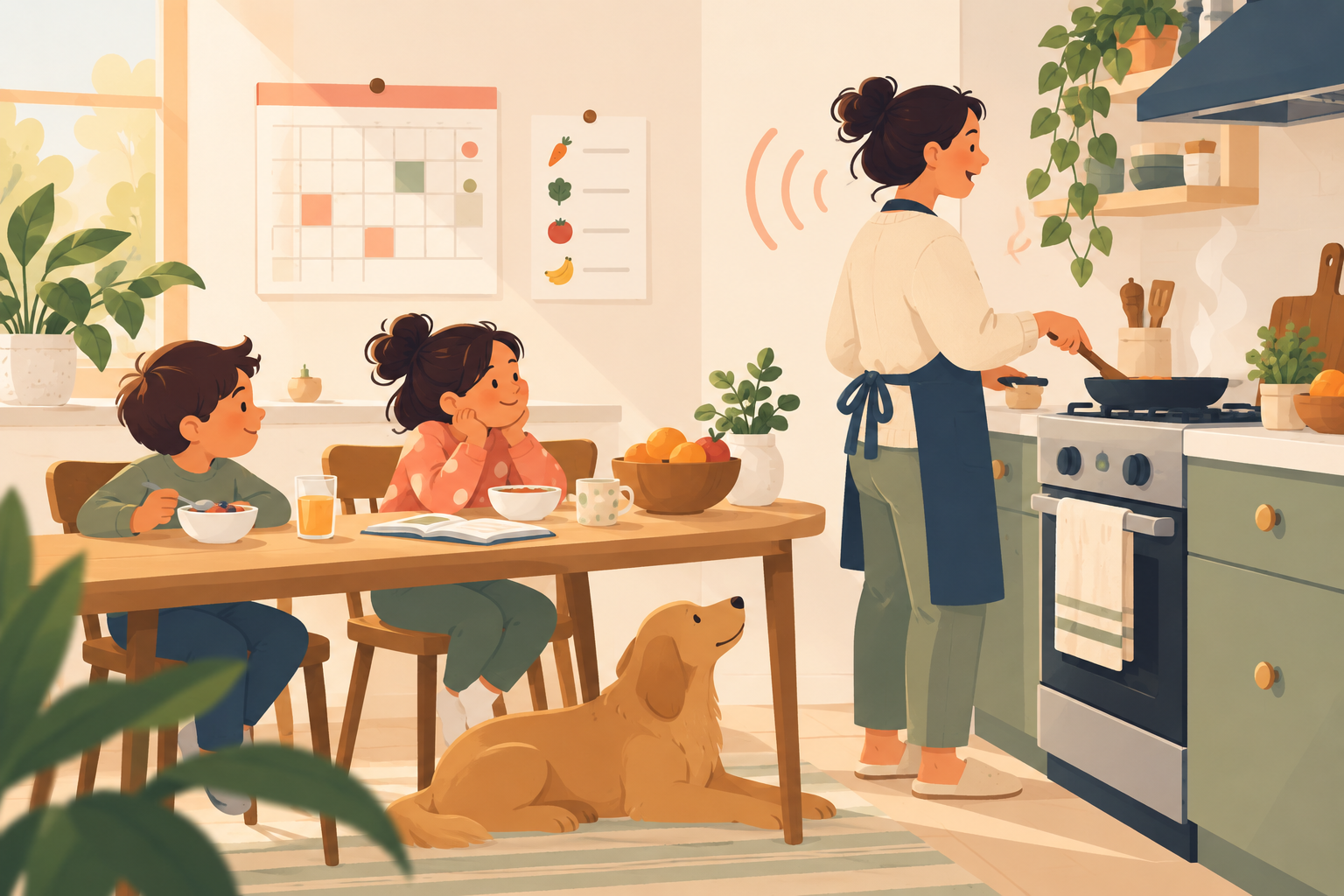 Illustration of a parent in a family kitchen speaking, with soft voice waves in the air